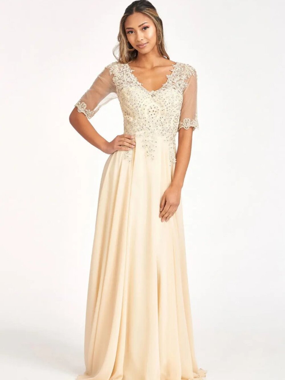 NEW CHAMPAGNE Chiffon & Mesh Evening Gown Floor Length GL1982